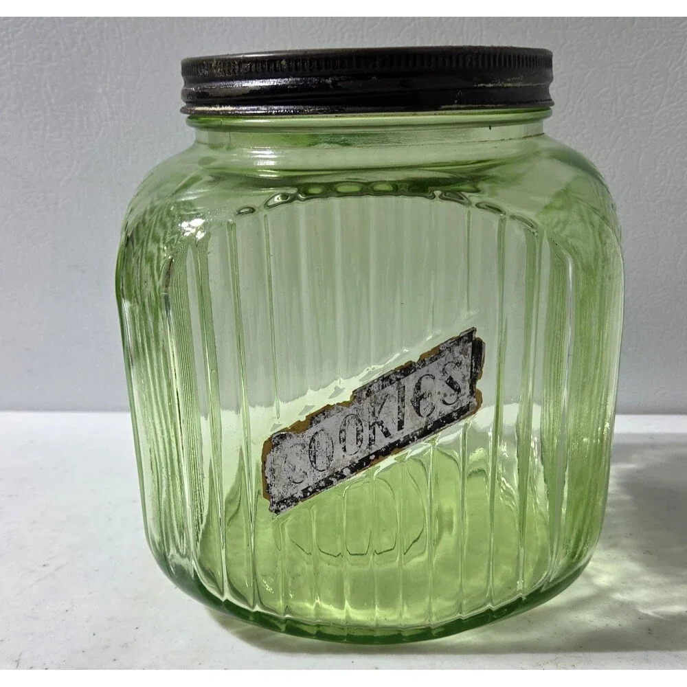Vintage Ribbed Green Uranium Vaseline Depression Glass Cookie Jar Canister